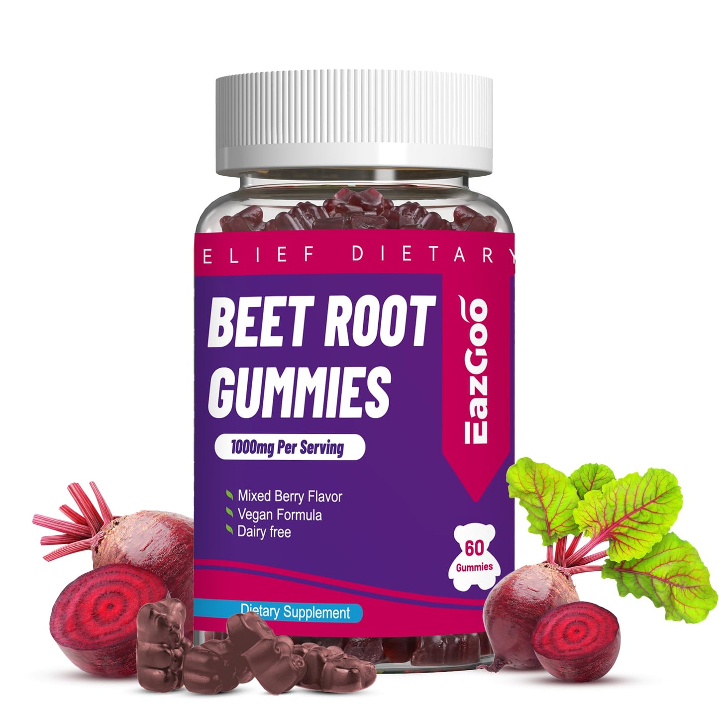 EAZGOO Beet Root Gummies Beet Root Soft Chews with Beetroot Grape Seed Extract & Beet Root Powder Vegan Non-GMO 60 Count